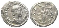 Roman Imperial Coinage Iulia Aquilia Severa. Denar (Silber). 220 - 221 n. Chr. Rom. Vs: IVLIA AQVILIA SEVERA AVG. Drapierte Büste rechts. Rs: CONCORDIA. Concordia mit Doppelfüllhorn nach links stehend