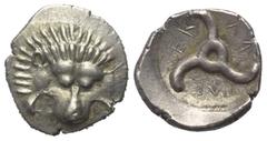 Greek Dynasten von Lykien. Perikles (ca. 380 - 360 v. Chr.). 1/3 Stater (Silber). Ungesicherte lykische Münzstätte. Vs: Löwenfell en face. Rs: Triskeles in vertieftem Rund. 16 mm. 2,69 g. Müseler VIII