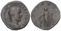 Roman Imperial Coinage Philippus I. Arabs (244 - 249 n. Chr.). Sesterz. 144 - 149 n. Chr. Rom. Vs: IMP M IVL PHILIPPVS AVG. Büste mit Lorbeerkranz, Paludament und Panzer rechts. Rs: LAET FVNDATA / S -