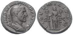 Roman Imperial Coinage Philippus I. Arabs (244 - 249 n. Chr.). Sesterz (Bronze). 144 - 149 n. Chr. Rom. Vs: IMP M IVL PHILIPPVS AVG. Büste mit Lorbeerkranz, Paludament und Panzer rechts. Rs: FIDES MIL