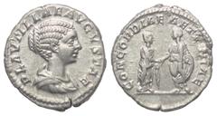 Roman Imperial Coinage Plautilla (gest. 211 n. Chr.). Denar (Silber). 202 n. Chr. Rom. Vs: PLAVTILLAE AVGVSTAE. Drapierte Büste rechts. Rs: CONCORDIAE AETERNAE. Plautilla und Caracalla stehen einander