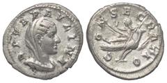 Roman Imperial Coinage Diva Paulina (gest. vor 236 n. Chr.). Denar (Silber). 236 - 238 n. Chr. Rom. Vs: DIVA PAVLINA. Drapierte und verschleierte Büste rechts. Rs: CONSECRATIO. Paulina mit Szepter sit