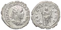 Roman Imperial Coinage Philippus I. Arabs (244 - 249 n. Chr.). Antoninian (Silber). 245 n. Chr. Rom. Vs: IMP M IVL PHILIPPVS AVG. Büste mit Strahlenkrone, Paludament und Panzer rechts. Rs: FELICITAS T