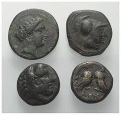 Lots - Ancient Coins Griechische Münzen - Lots. Amyntas III. / Antigonos II. (Königreich Makedonien) / Larissa (Thessalien) / Athen (Attika). Lot (4 Stück): Bronze, 4. - 1. Jhdt. v. Chr. Sehr schön - 