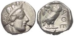 Greek Attika. Athen. Tetradrachme (Silber). Ca. 353 - 294 v. Chr. Vs: Kopf der Athena mit ölzweiggeschmücktem attischem Helm, Ohranhänger und Halskette rechts. Rs: Eule nach rechts stehend, Kopf en fa