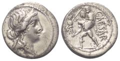 Römische Bürgerkriege C. Iulius Caesar. Denar (Silber). 47 - 46 v. Chr. Münzstätte in Nordafrika. Vs: Kopf der Venus mit Diadem rechts. Rs: CAESAR. Aeneas mit Palladium und seinem Vater Anchises auf d