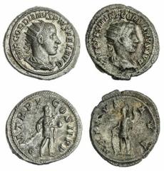 The Roman Empire The Hanlon Collection | Roman Empire, Gordian III, (AD238-244), AR Antoninianus, (2), Bust of Gordian III r. , Radiate & Draped (both), rev ( I ) ; Gordian In Military dress r. , Glob