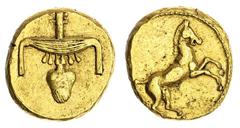 THE LAST NATIVE PHAROAH OF EGYPT AND ONLY TRUE HEIROGLYPH GOLD COIN NGC Choice XF* | Pharaonic Egypt, Nectanebo II (359-340 BC), 'The King's Good Gold', AV Stater, horse prancing to right, rev. two hi