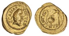 ANCIENT COINS Roman Imperatorial, Julius Caesar, with Aulus Hirtius, as Praetor, 'Quadruple Triumph', AV Aureus, struck 46 BC, Rome, C CAESAR COS TER, veiled head of Venus right, with features of Juli