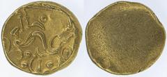 Celtic Coins Celtic, Northeast Gaul, Ambiani c.60-30 BC, AV Stater, 'statére uniface' type, blank convex surface rev. Celticized horse galloping right, horseman transformed into fibula-like figure, ey