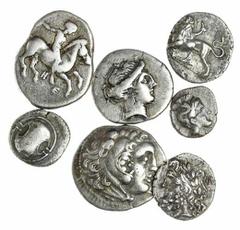 Ancients - Greek Silver A Selection of Greek Silver (7): Calabria, Taras, (2): i) AR Nomos, Naked youth on horseback right, preparing to dismount, right hand behind, H and E below horse rev. Dolphin r