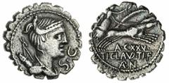 Ancients - Roman Silver Roman Republic (2): Claudius Nero, AR Denarius Serratus, c.79BC, Draped bust of Diana r., with bow and quiver over shoulder; before chin, S.C. rev. Victory in prancing biga r.,