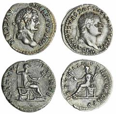 Ancients - Roman Silver Roman Empire, a Pair of Flavian Denarii (2): Vespasian (AD 69-79), IMP CAES VESP AVG CEN, laureate head right rev. PONTIF MAXIM, Vespasian seated right on curule chair, holding