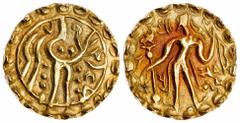 Indian Coins (x) Ancient India, Post-Gupta Bengal, Samatata region, "Sarva Bhata" (c.685- 690), gold Dinar, 5.62g, kingly figure standing left holding a bow right and an arrow left, a standard topped 