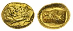 Ancients - Greek Gold The 'Kyrios' Collection | Kingdom of Lydia, Kroisos (560-546 BC), AV Stater, Sardis, foreparts of a lion and bull facing off, rev. two incuse square punches, side-by-side, 8.06g 