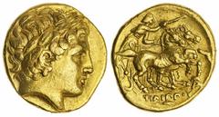 Ancients - Greek Gold The 'Kyrios' Collection | Kingdom of Macedon, Philip II (359-336 BC), AV Stater, posthumous, Lampsakos, c. 323, laureate head of Apollo right, rev. PHILIPPOY charioteer, holding 