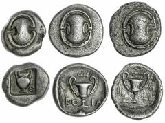 Ancients - Greek Silver The 'Kyrios' Collection | Boeotia, Thebes, A Trio of Hemidrachmae (3): i) Thebes, c. 456-446 BC Boeotian shield, rev. Amphora within incuse square, to right, 2.59g (BCD 369), G