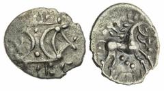 Celtic Coins The 'Haddenham' Collection of English Coins | Iceni, Edn (c.10-43 AD), (2) AR Units, double crescent emblem on vertical wreath, rev. globular horse right, large oval head with pellet for 