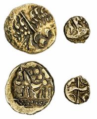 ENGLISH COINS Celtic Gold Coins (2) | Belgae, Uninscribed Issues (c. 65-40 BC), \Hampshire Thunderbolt\\ Type, AV Quarter-Stater, abstract, geometric motif, two figures standing with a boat, rev. cruc