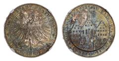 World Coins NGC MS63 | German States, Frankfurt, Free City, 'Assembly of Princes' Taler, 1863, façade of the Römer (City Hall at Frankfurt), rev. crowned eagle, head left with wings spread, incuse upw