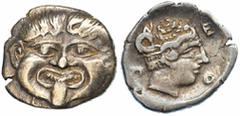 Ancient Greece and the Hellenistic World Macedonia, Neapolis, AR Triobol, head of Gorgon, facing, rev. NEOP, head of the nymph of Neapolis right, her hair coiled around her head and with a bun at the 