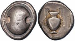Ancient Greece and the Hellenistic World Boeotia, Thebes, AR Stater, c. 480-446 BC, Boetian shield, rev. amphora, TH-E across fields, 12.19g (BCD Boiotia 387; HGC 4, 1325), toned, very fine. PROVENANC
