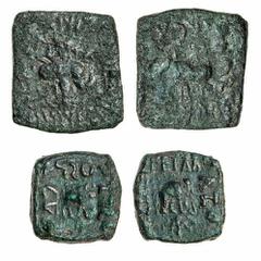 Ancients - Greek Bronze Indo-Scythian, Azilizes (57-35 BC), square AE Unit, 9.08g, horse rider facing left, rev. zebu standing left, monograms above (Senior 55.1; see also CNG 87, lot 757, 121 lot 674