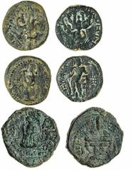 Ancients - Greek Bronze Kushan Empire, Huvishka (c.90-57 BC), AE Unit, 12.13g, with king riding elephant right carrying a spear, rev. the first with Heracles standing facing holding a club and lion sk