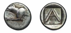 ANCIENT COINS: GREECE AND THE HELLENISTIC WORLD Argolis, Argos (330-270 BC), AR Triobol, forepart of wolf left, rev. Large A with triskeles below all within shallow incuse square, 2.45g (BCD Peloponne