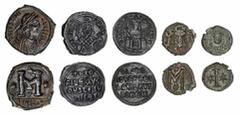 ANCIENT COINS: BYZANTINE EMPIRE Byzantine Empire, a Selection of Bronze (5): Justinian I, 'the Great' (527-565) (2): i) Follis, Theoupolis (Antioch), 533-537, D N IVSTINIANVS P P AVG, pearl-diademed, 