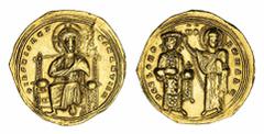 THE TRAJAN" COLLECTION OF BYZANTINE COINS" Byzantine Empire, Romanus III Argyrus (1028-1034), AV Histamenon Nomisma, Christ nimbate, enthroned facing, holding Book of Gospels in his left hand, rev. Em