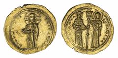 THE TRAJAN" COLLECTION OF BYZANTINE COINS" Byzantine Empire, Theodora (1055-1056), AV Histamenon Nomisma, Constantinople, Christ Pantokrator standing facing on dais, rev. Theodora and the Theotokos st