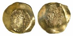THE TRAJAN" COLLECTION OF BYZANTINE COINS" Byzantine Empire, Alexius III Angelus-Comnenus (1195-1203), AV Hyperpyron, Constantinople, struck c. 1197-1203, +KE RONOSI Christ standing facing on dais, ni