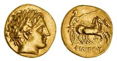 NGC XF | Kingdom of Macedon, Philip II (359-336 BC), AV Stater, early posthumous issue, struck by Philip III Arrhidaios (323-318/7 BC), Pella, laureate head of Apollo right, PHILIPPOY, charioteer driv