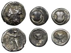 Boeotia, Trio of Small Silver (3): i) Thebes, Hemidrachm, struck c. 426-395 BC, shield, rev. amphora, club above, THEBH below, all within incuse square, 2.45g (SNG Copenhagen 290), about fine; ii) ano