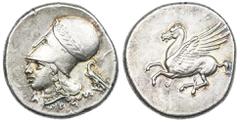 (x) Corinthia, Corinth, AR Stater, struck c. 375-300 BC, Pegasos flying left, koppa below, rev. head of Athena wearing Corinthian helmet ornamented with laurel wreath and necklace, A before chin, P be