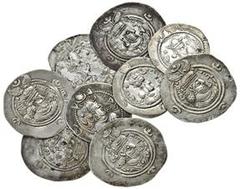 Sasanian, Peroz I, Drachm, Kavad I, Drachms (3), both types, Khusru I, Drachm, Khusru II, Drachms (4), silver plated copy of a Drachm, the copy broken, some stained, very fine to extremely fine (10)