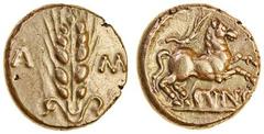 Celtic, Catuvellauni and Trinovantes, Cunobelin (c.AD 8 - 41), Gold Stater, 5.35g, corn ear classic type, corn ear dividing, [c]a - m[v], rev. horse rearing right, branch above, cvno below above groun