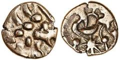 Celtic, uninscribed coinage, Corieltauvi c. 50 BC, Gold Stater, 5.41g, South Ferriby type, coarse degenerated head, rev. horse left, star below (Mack 449; BMC 3148-78; Rudd ABC 1743; S.390), nearly ve