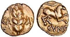 Celtic, Catuvellauni and Trinovantes, Cunobelin, Gold Quarter Stater, 1.29g, plastic type, corn ear, dividing ca-mv, rev. horse right, branch above, cvno below (Mack -; BMC 1843-44; Rudd ABC 2813; S.2