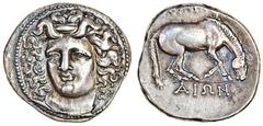 Thessaly, Larissa (c.356-342 BC), AR Drachm, 6.03g, facing head of the nymph Larissa, turned slightly left, rev. api-ain, horse right, preparing to roll (Lorber, SNR 79, 53; Boston 897), a beautiful c