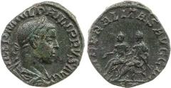 Philip II (A.D. 247-249), AE Sesterius, 14.14g., laureate, draped and cuirassed bust right, IMP M IVL PHILIPPVS AVG, rev. LIBERALITAS AVGG III, Philip I and II seated left on curulue chairs, both exte