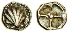 Ancient Coins Calabria, Tarentum (c.500-471 BC), AR Diobol, 0.86g, scallop-shell, rev. four-spoked wheel (cf Vlasto 1107), toned, good very fine.