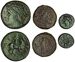 Ancient Coins Sicily, Syracuse (c.405-387 BC), AE 14mm., rev. octopus, Hieron II (275-215 BC), AE 26mm., rev. horseman right, Brettian League (c.215-205 BC) AE 22mm., rev. eagle standing left, cornuco