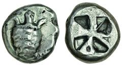 Ancient Coins Attica, Aigina (c.510-405 BC), AR stater, 12.18g, sea-turtle, its shell roughly segmented, rev. mill-sail pattern incuse square punch with four triangular depressions and four raised seg