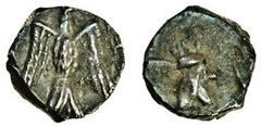 Ancient Coins Jewish Coinage, under Persian rule (pre 333 BC), AR Hemiobol, 0.39g, crowned head of Persian king right, rev. falcon with spread wings, traces of Hebrew "yhd" (Yehud), on right (Hendin 4