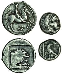 Ancient Coins Kingdom of Macedon, Perdikkas II (451-413 BC), AR light Tetrobol, 1.83g, mounted warrior holding two lances on prancing horse right, plant below, rev. forepart of lion right within shall