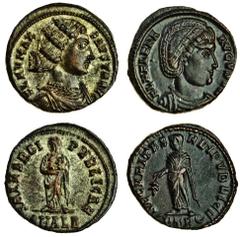 Ancient Coins Fausta, wife of Constantine I, AE Follis, Alexandria, 325-6, draped bust right, rev. salvs reipvblicae, Fausta standing facing holding the infants Constantius II and Constans in her arms