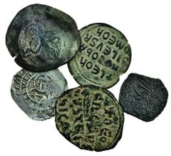 Ancient Coins Leo V with Constantine (AD 813-20), AE Follis, Syracuse, crowned, facing half-length bust of Leo wearing loros, holding cross on globe, rev. crowned facing half-length bust of Constantin