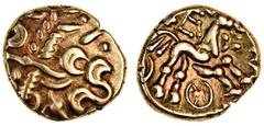 Celtic Coins (x) Celtic, Atrebates and Regni, Commius (mid to late 1st century BC), gold Stater, 'E' type, devolved head of Apollo right, rev. horse right, e above, wheel below (Mack-; Rudd ABC 1025; 
